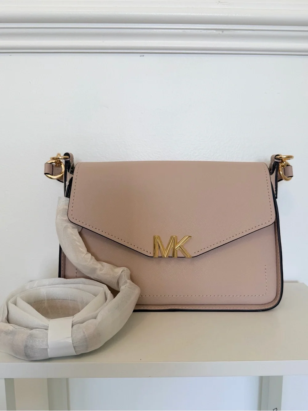Michael Kors Sylvia Blush Soft Pink Saffiano Leather Shoulder Bag with Gold MK